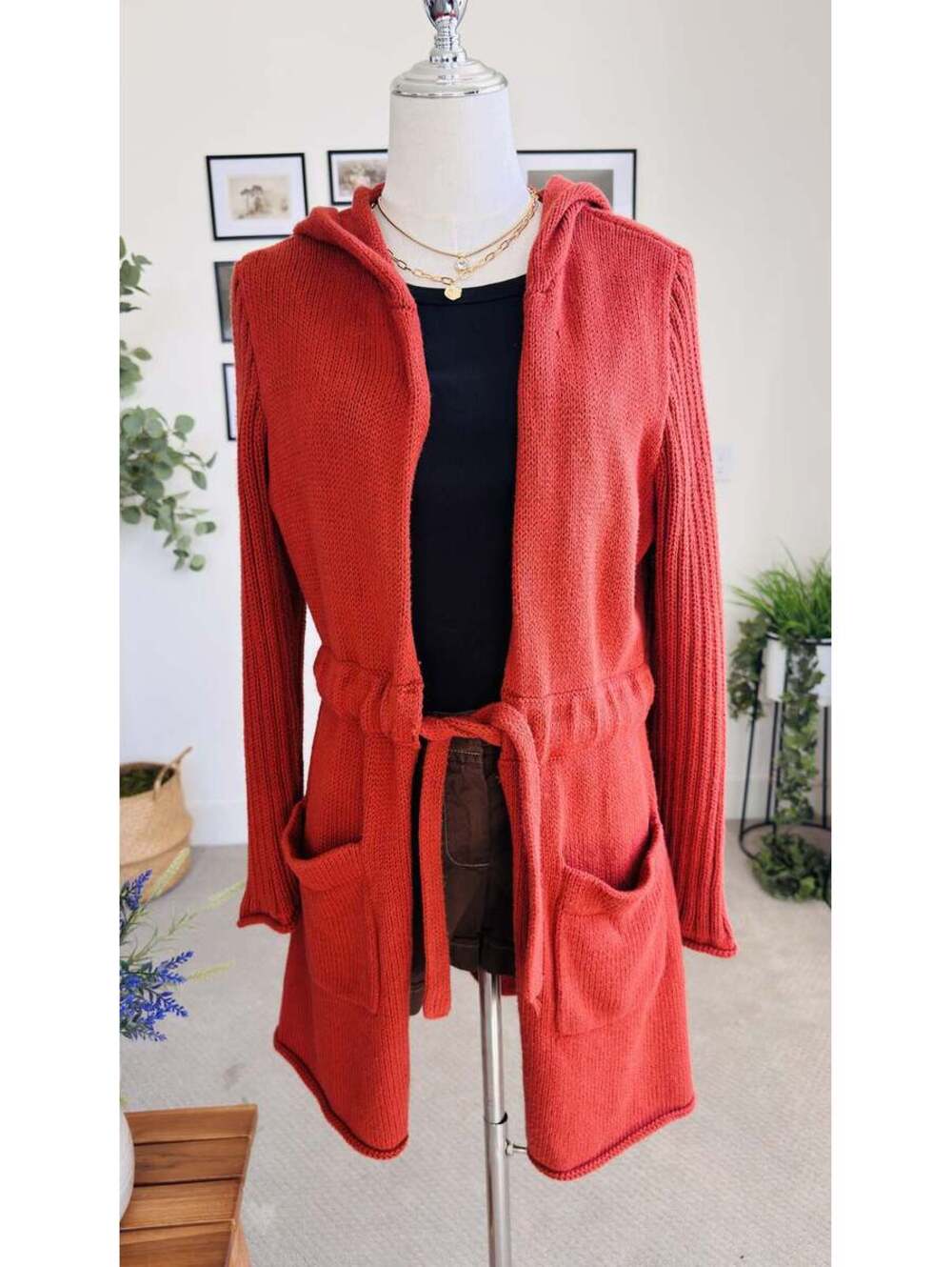 Pure Handknit Red 100% Cotton Hooded Belted Cardigan Sweater Size M